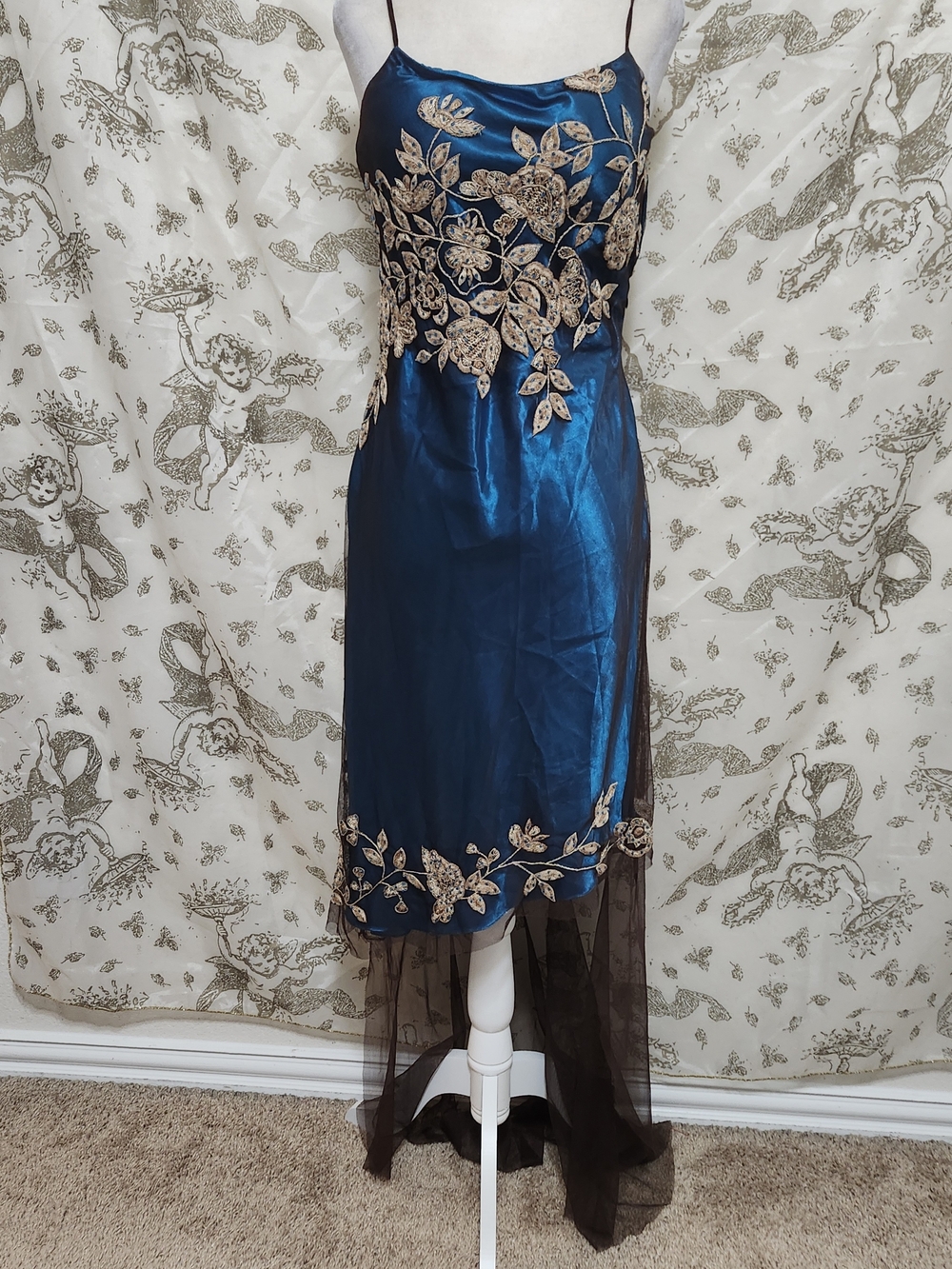 VTG Jë Matadi by Sean Mehta Teal Silk Beaded High-Low Gown Dress